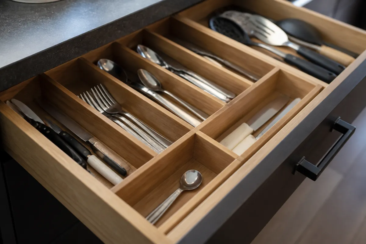 Cajones de cocina abiertos con separadores de cubiertos