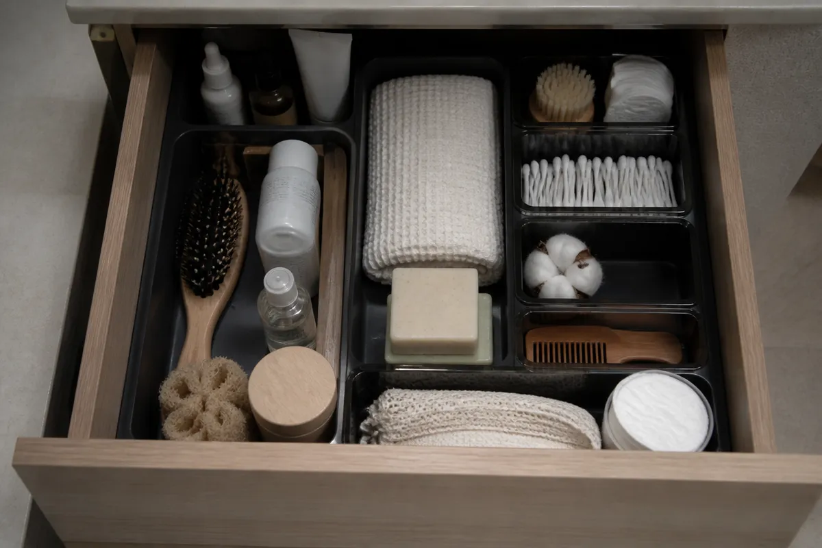 Interior de un cajón de mueble de baño con organizadores