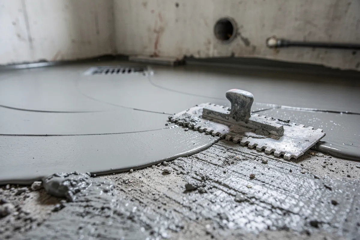 Capa impermeable recién aplicada en el suelo de un baño en obra