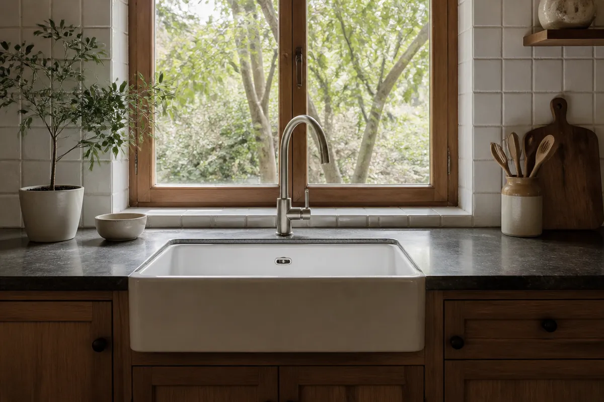 Encimera de cocina con fregadero bajo ventana en la misma disposición
