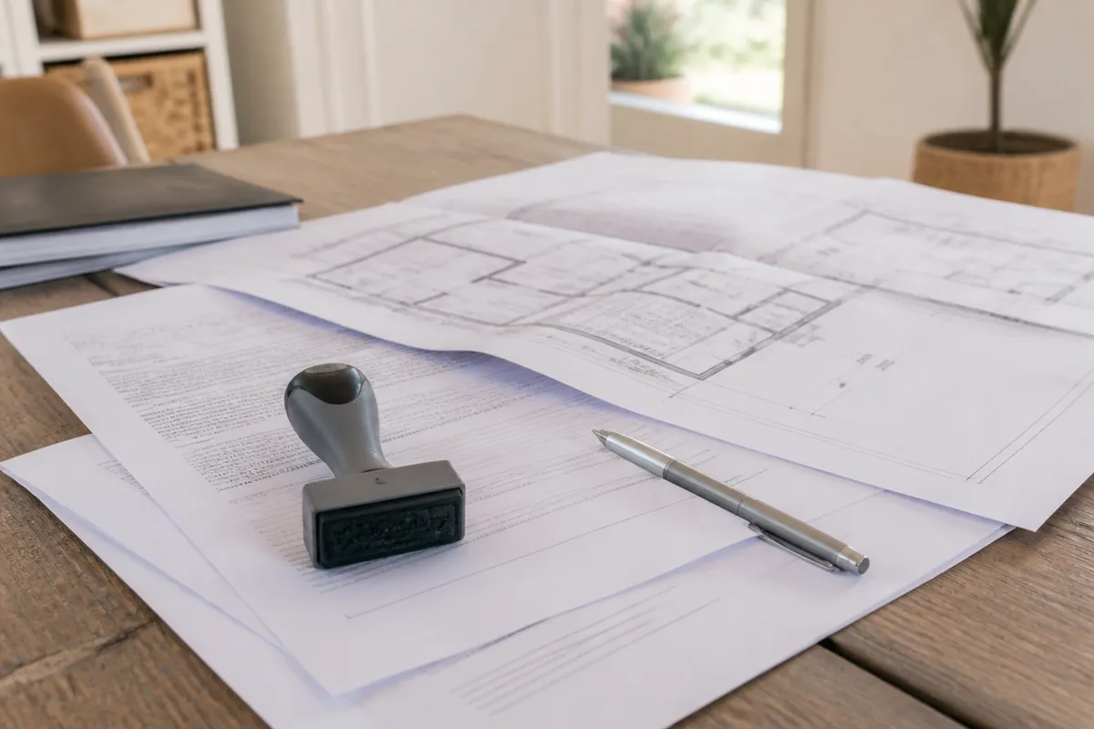 Contrato de obra y plano de vivienda sobre una mesa doméstica