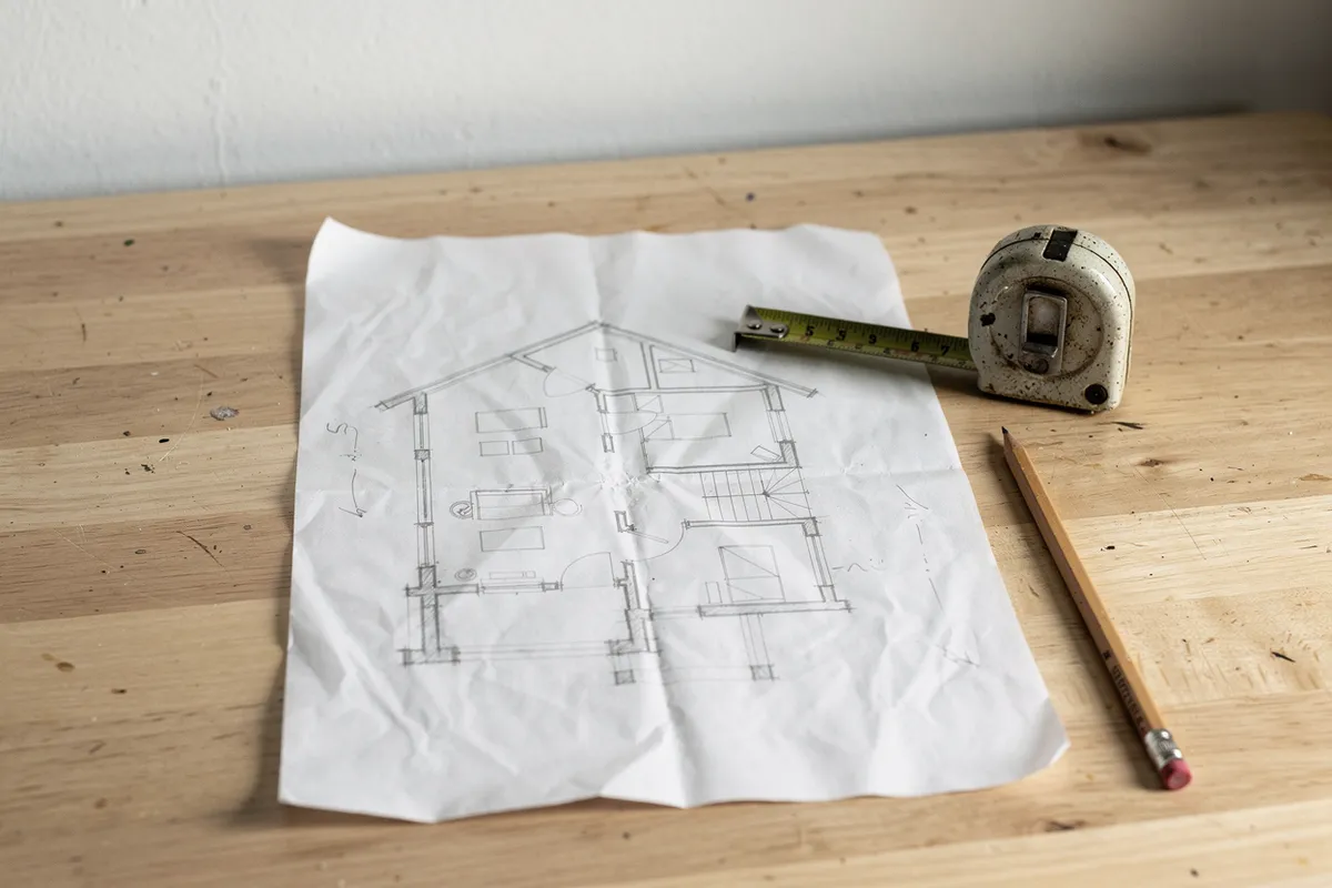 Croquis a mano, metro y lápiz sobre una mesa de trabajo