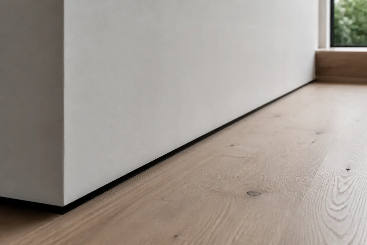 Encuentro de rodapié con suelo de madera en sombra