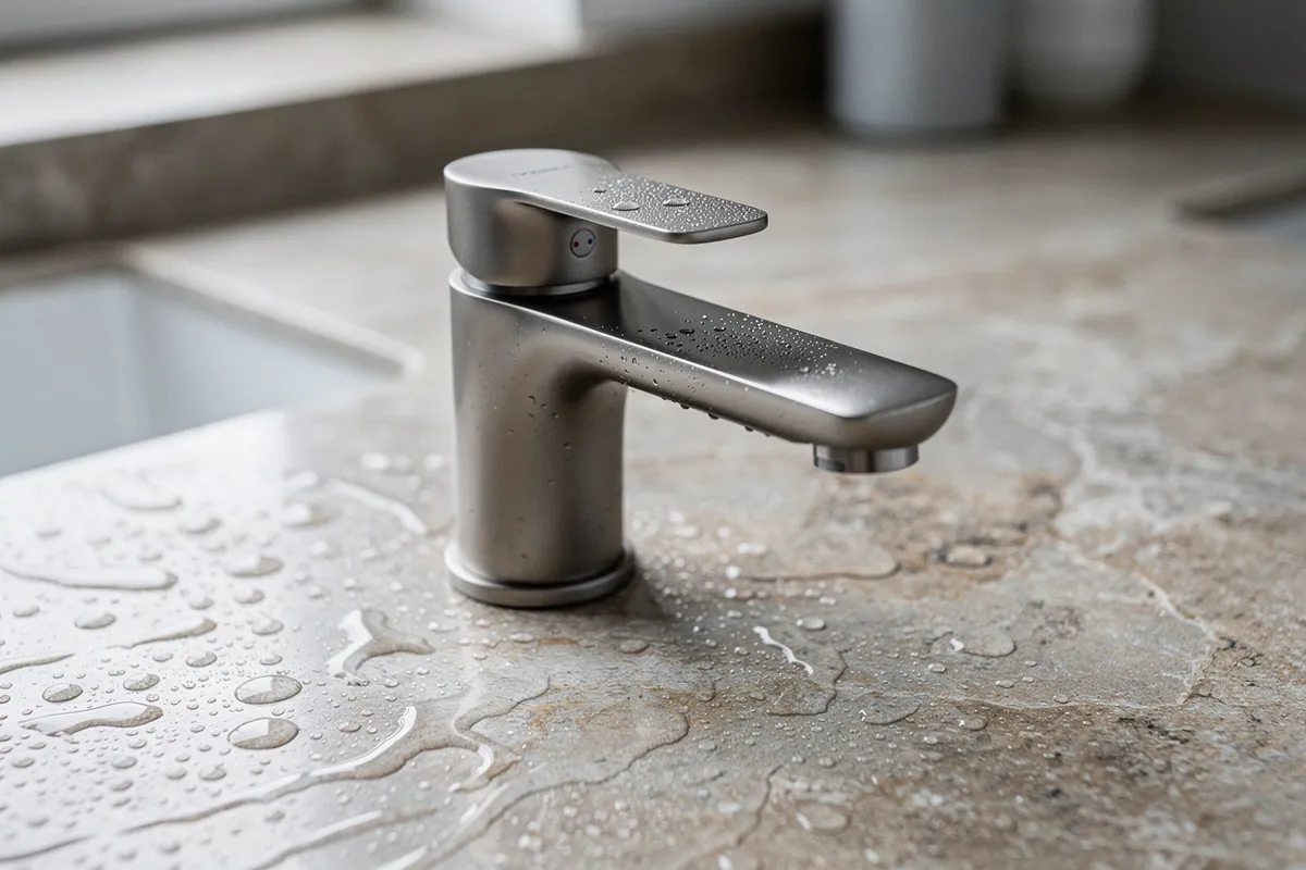 Grifo de lavabo sobre encimera de piedra con gotas de agua