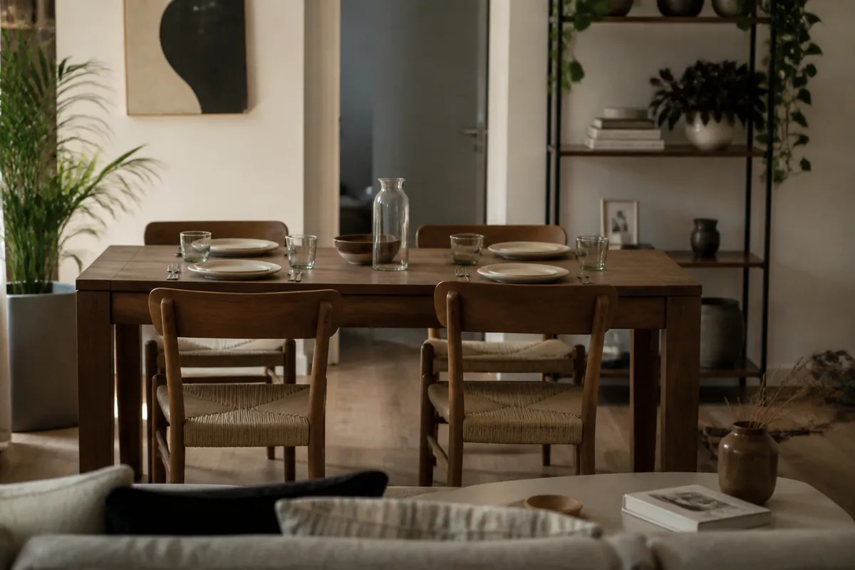 Mesa de comedor vista desde el estar en una planta abierta