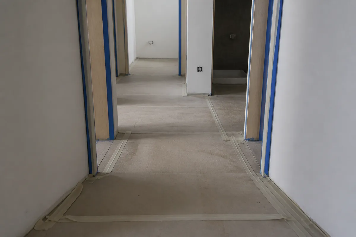 Pasillo de vivienda habitada con protecciones de obra en el suelo