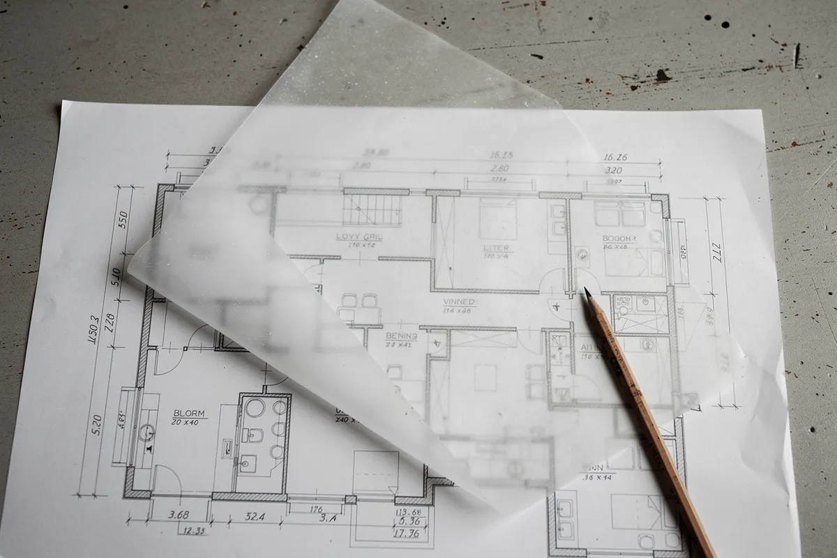 Planos de reforma con cotas sobre una mesa de dibujo