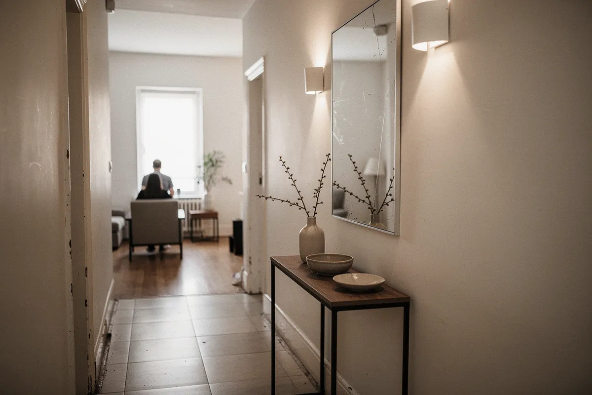 Pasillo de vivienda con consola estrecha y luz hacia el estar